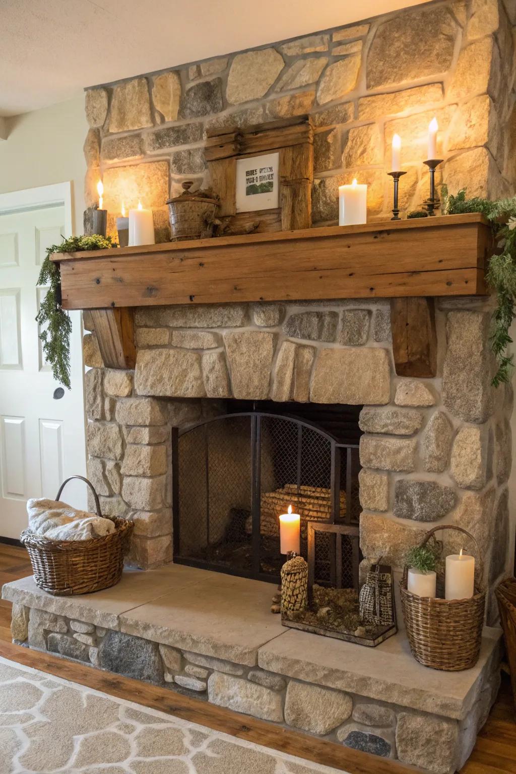 A unrefined timber ledge complementing a farmhouse fireplace.
