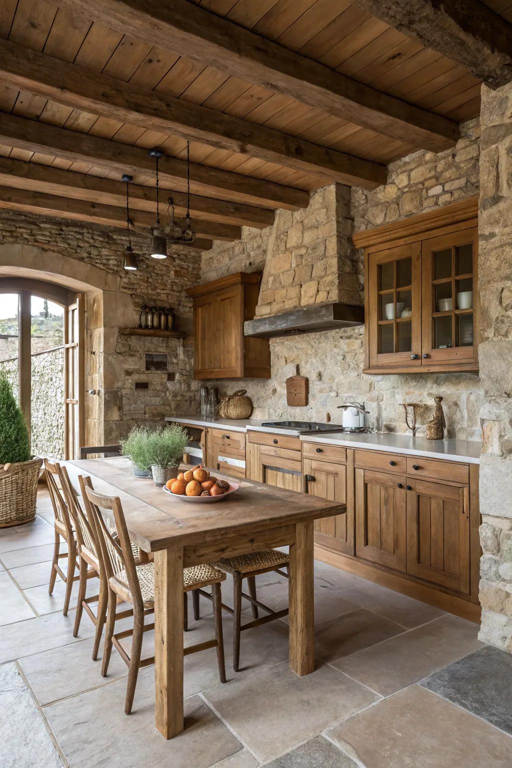 Layered textures adding depth to a farmhouse cooking area design.