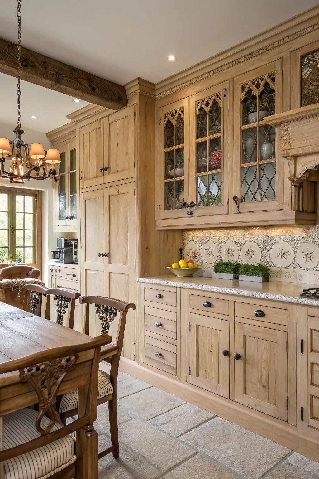 Craftsmanship elements imbue character into pale timber cabinetry in a country-style cooking space.