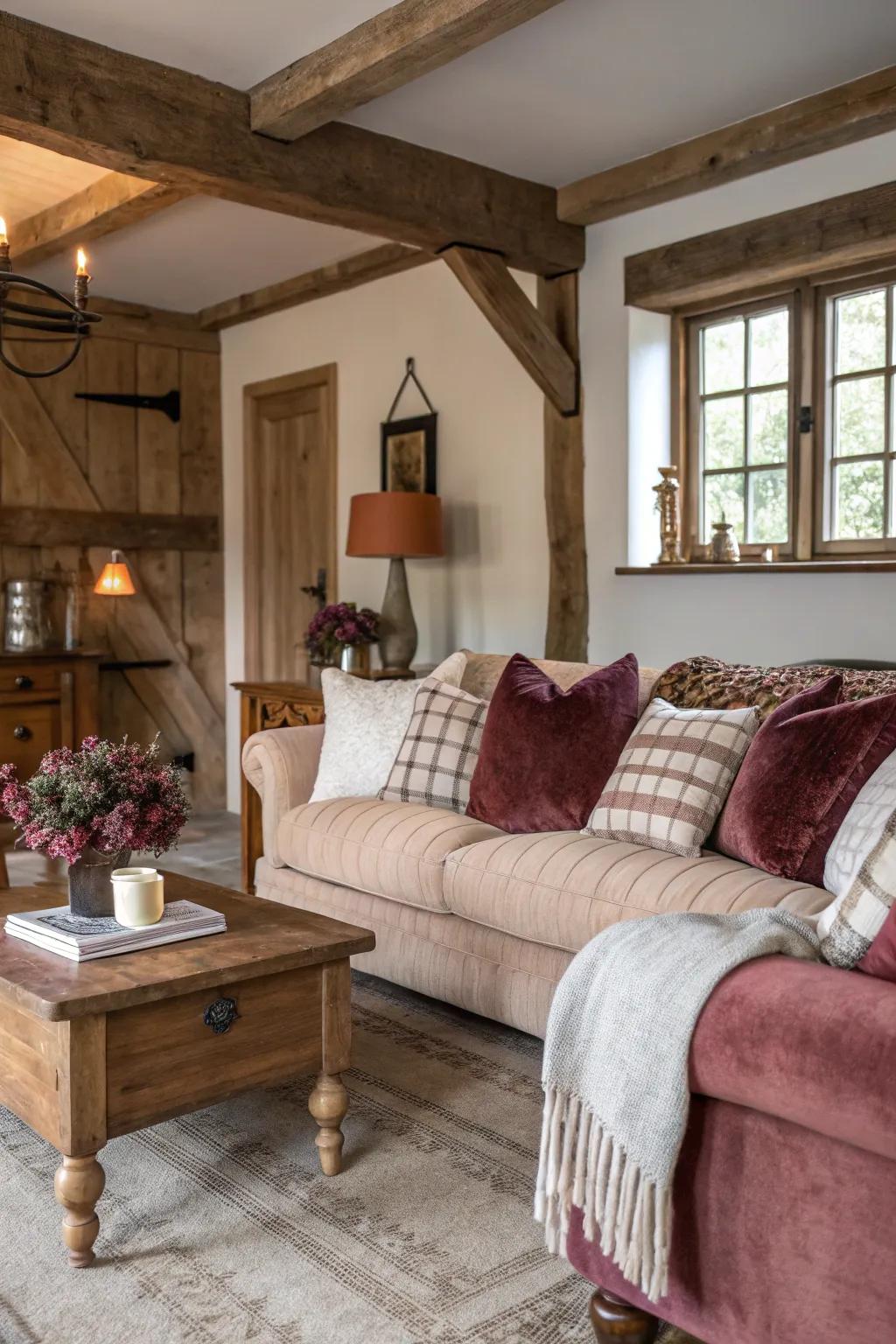 Delicate textures contribute a hint of luxury to this farmhouse living space.
