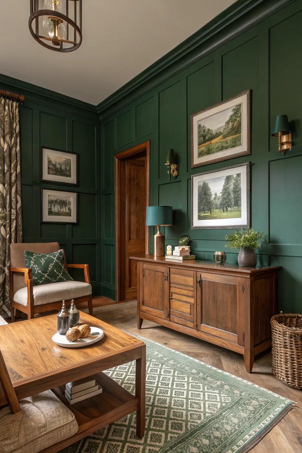 Woodland green walls make a bold statement in this farmhouse setting.