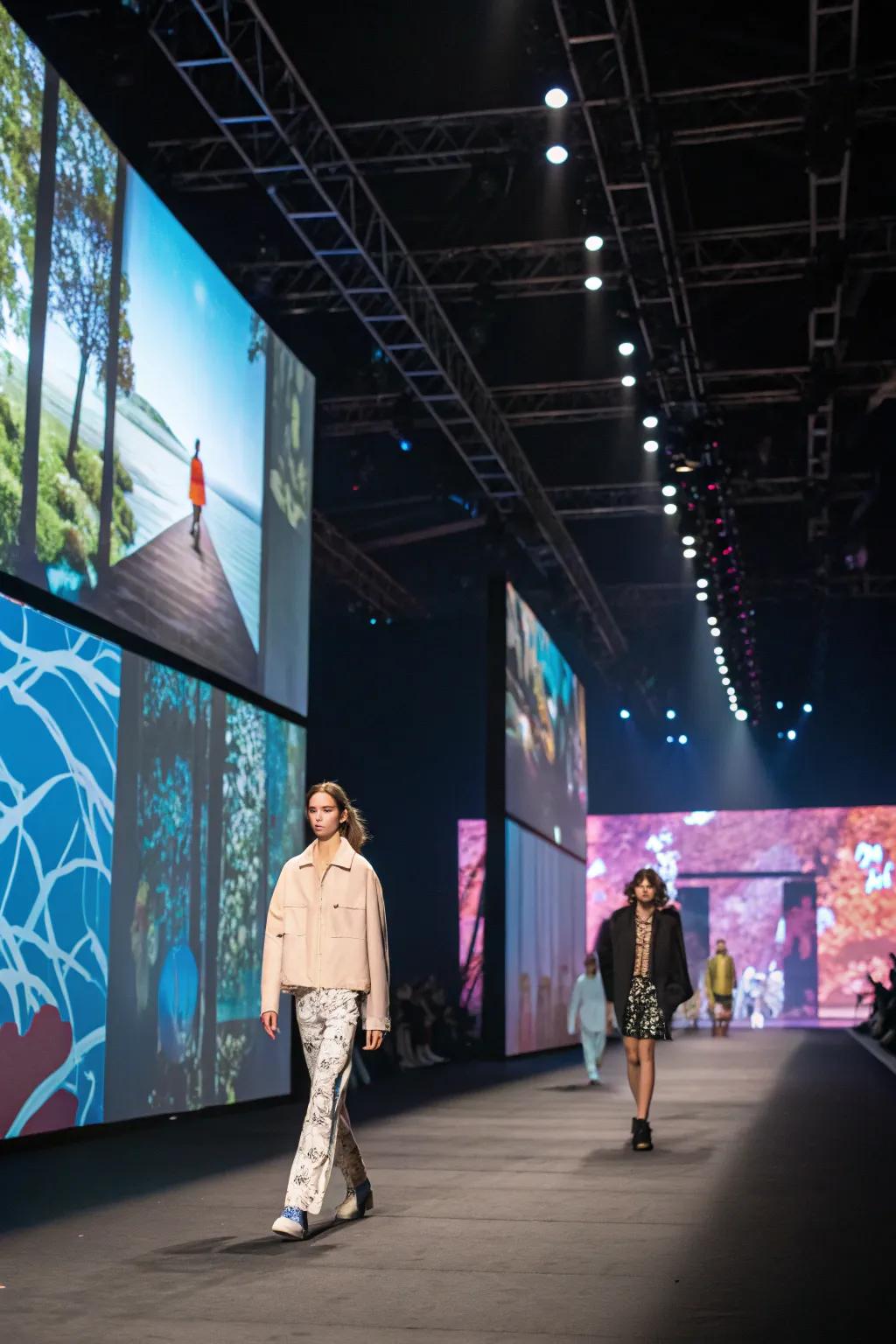 Video walls and projections create a visually engaging fashion show experience.