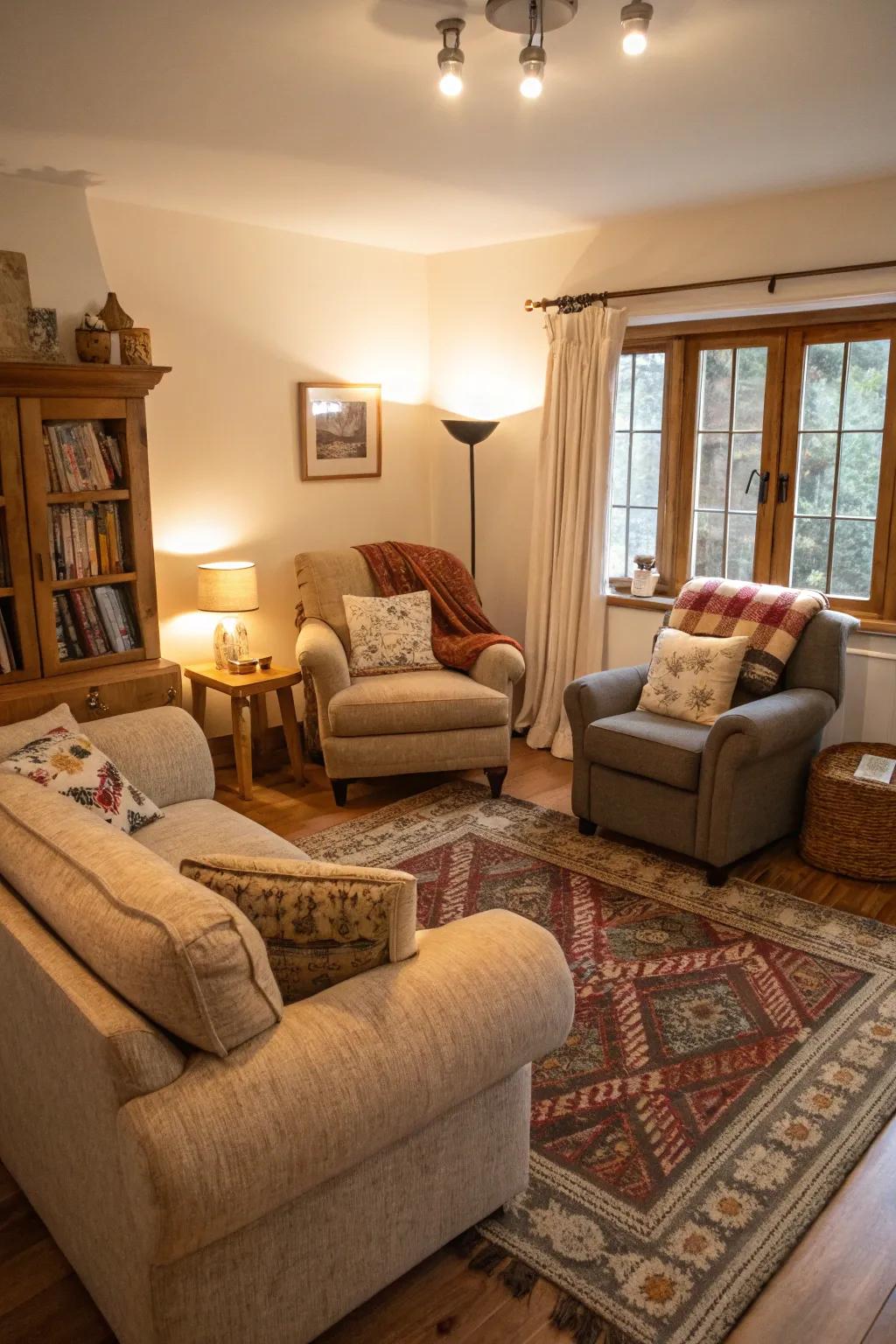 An inviting living room with numerous comfortable seating areas.