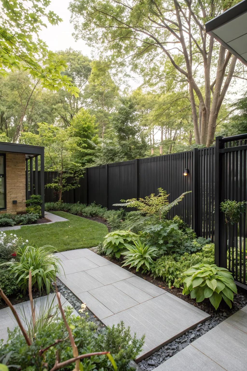 Strong dark fencing crafts a striking juxtaposition with verdure.