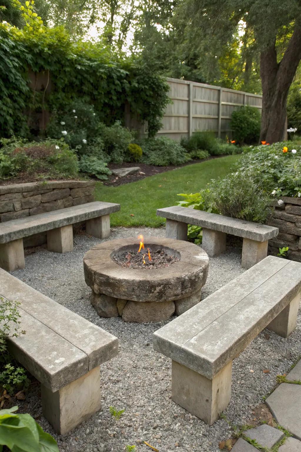 Stone benches provide durable and sculptural seating around the fire.