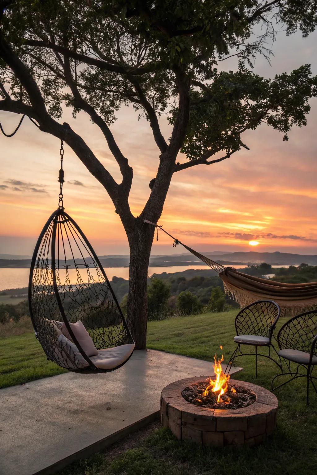 Hammocks and suspended seats provide a unique lounging experience.