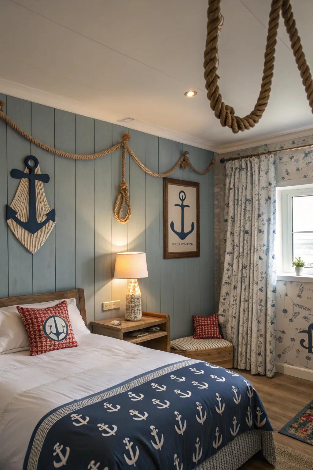 Anchor and rope embellishments unify the nautical theme.