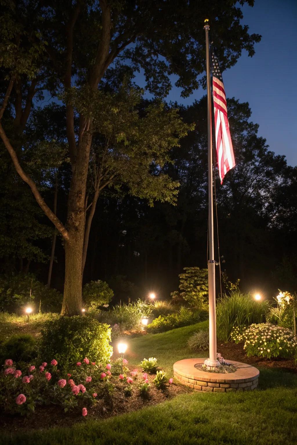 Illumination highlights your flagpole exquisitely during the night.
