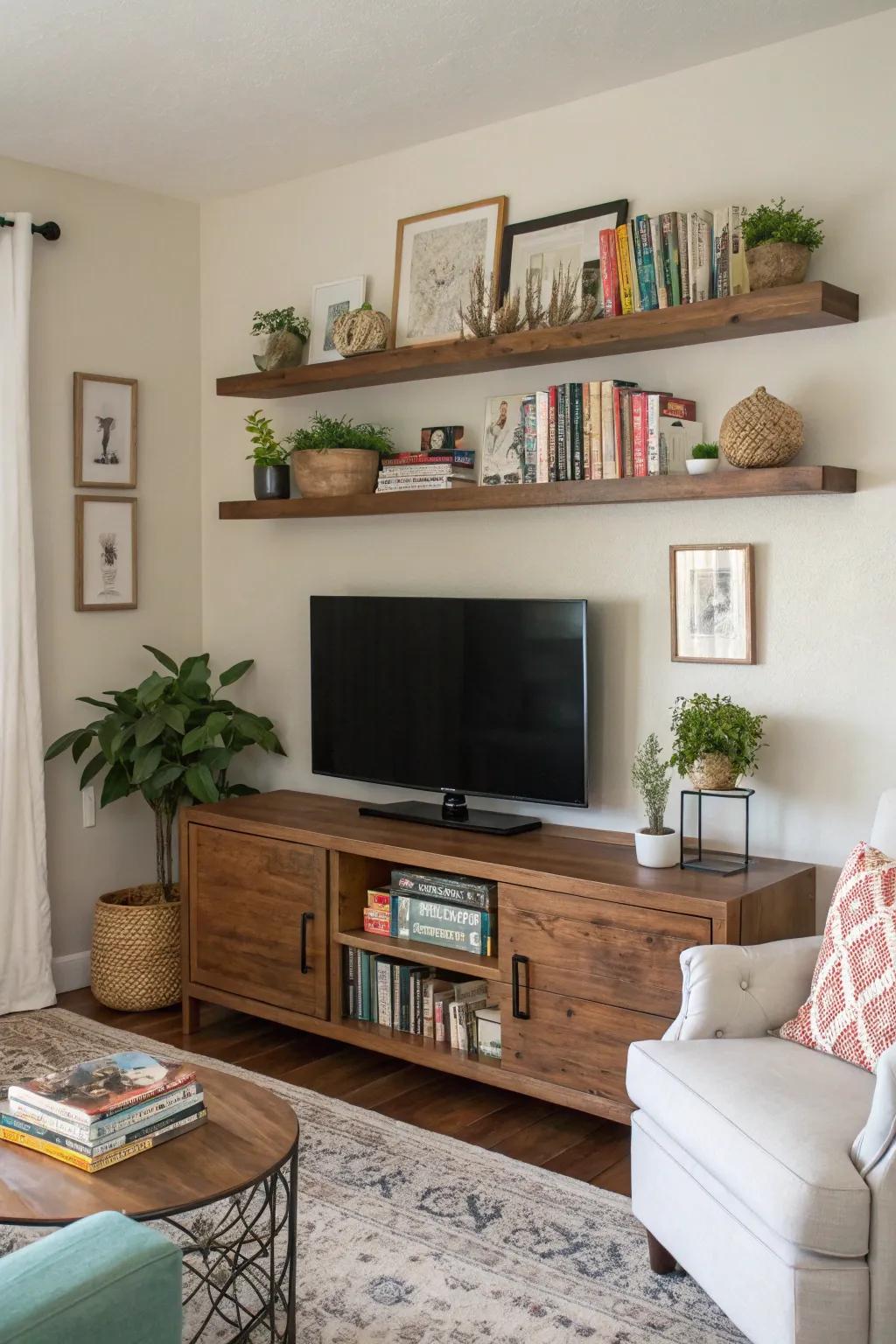 Wall-mounted ledges above the television for a balanced look.