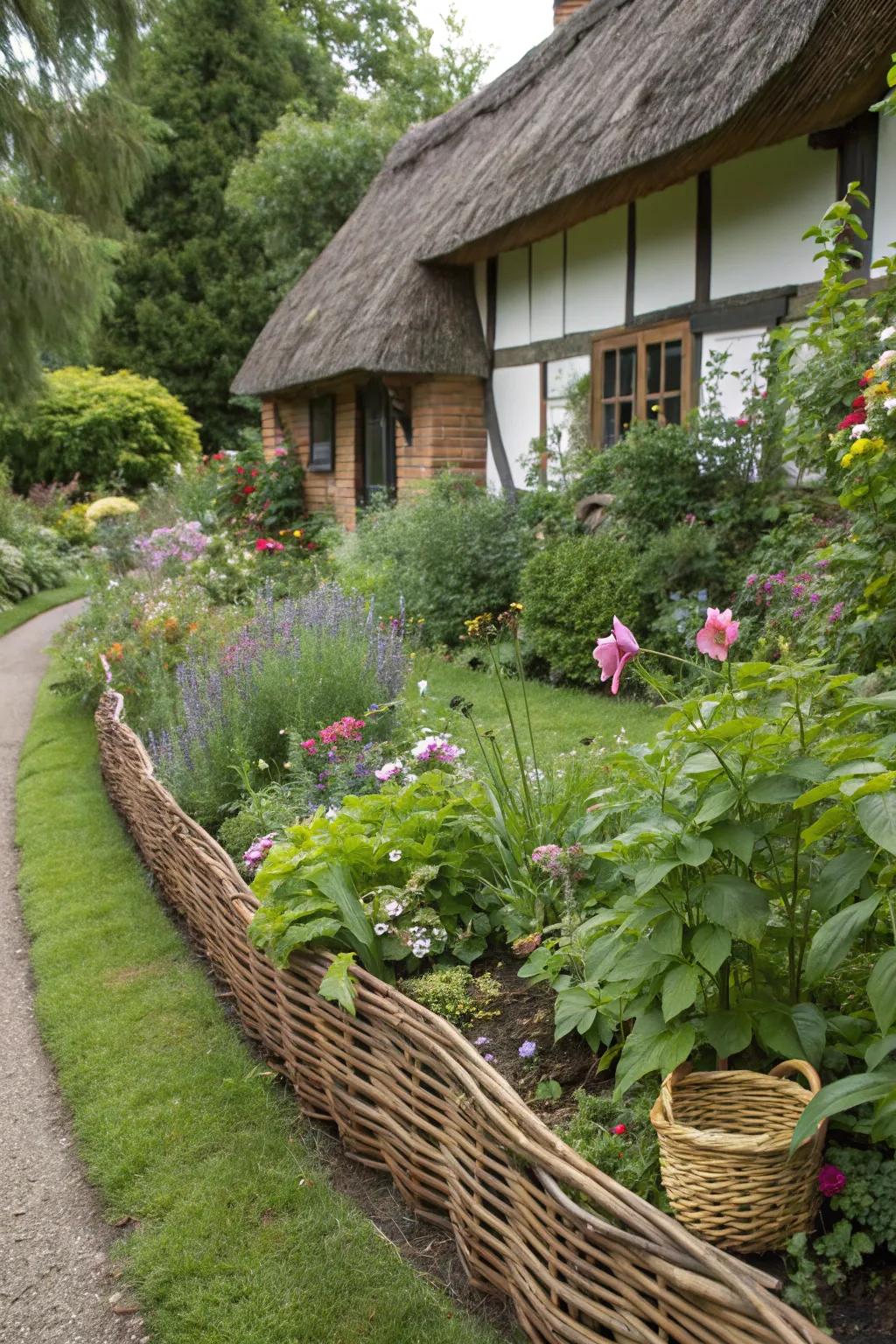 Interwoven willow stems rendering a delightful, cottage-esque flower bed border.