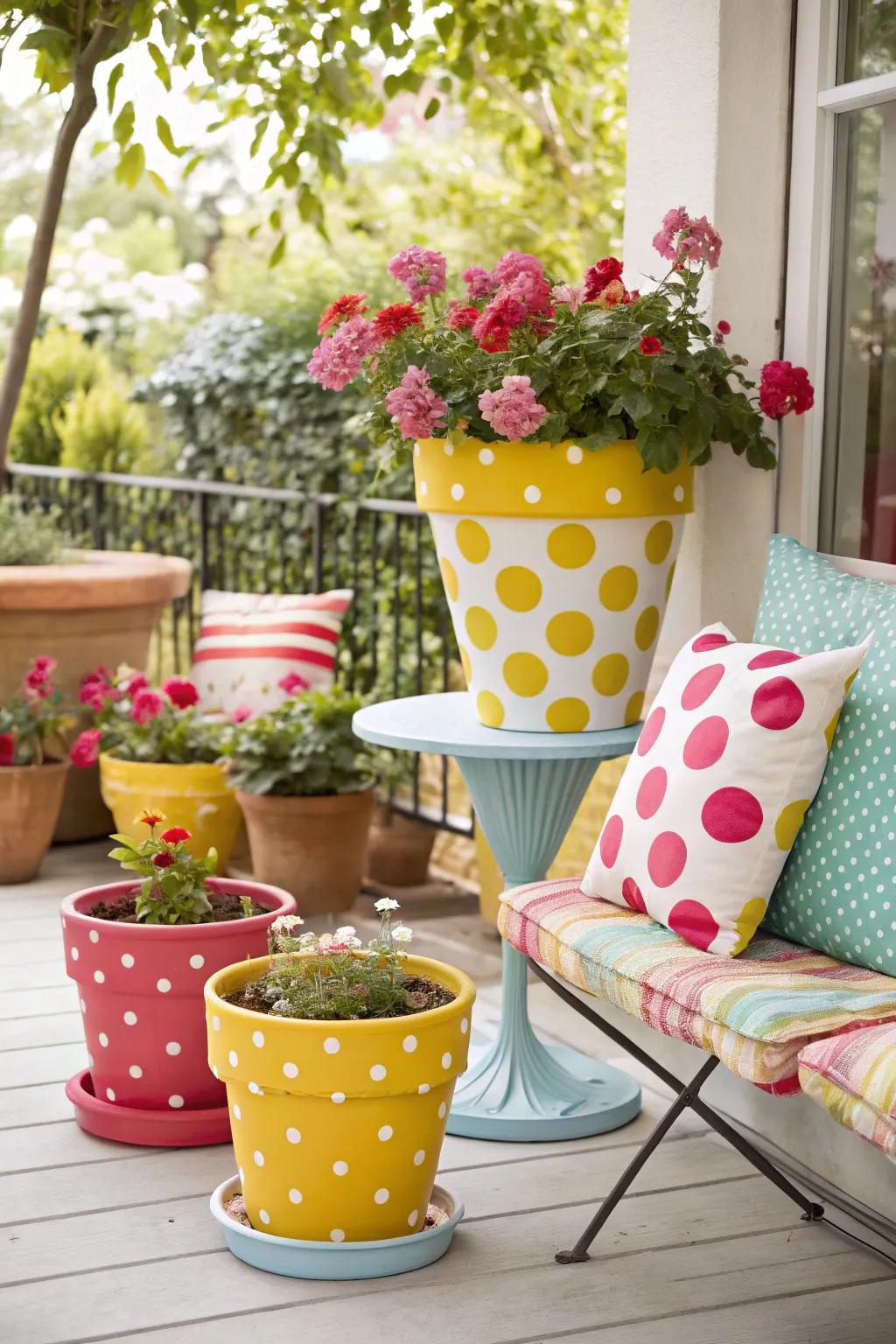 Transport playful fascination to your area through polka spot flower containers.