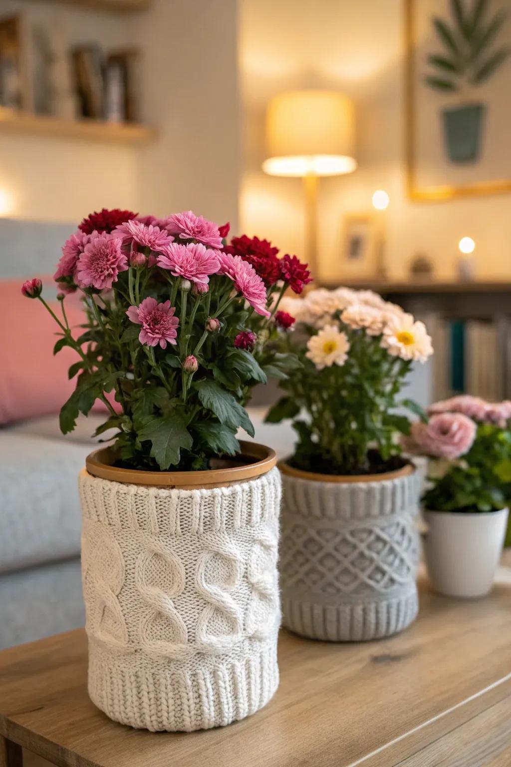 Sweater-wrapped flower containers incorporating warmth and texture.