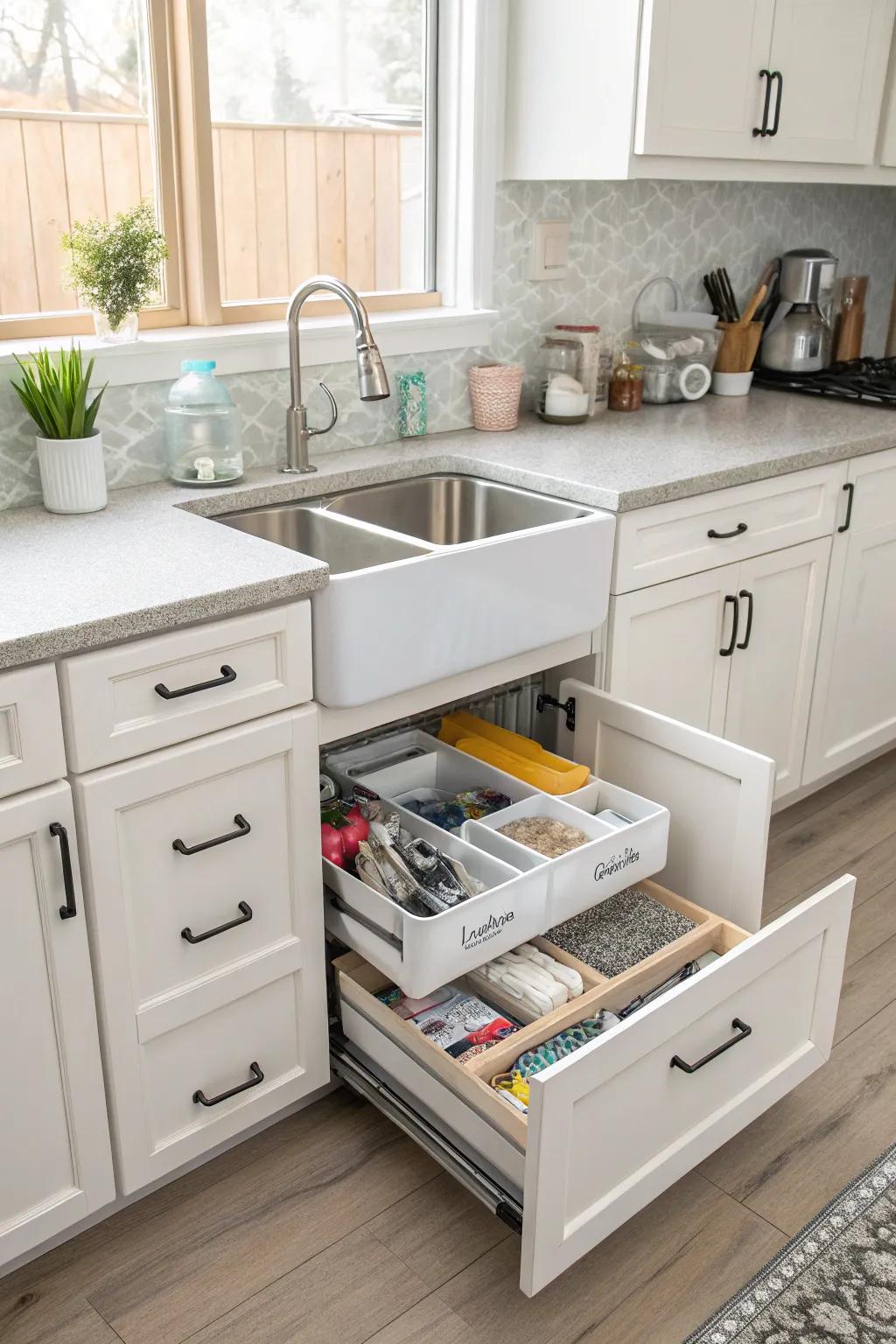 An organized kitchen featuring an unattached sink and clever storage options.