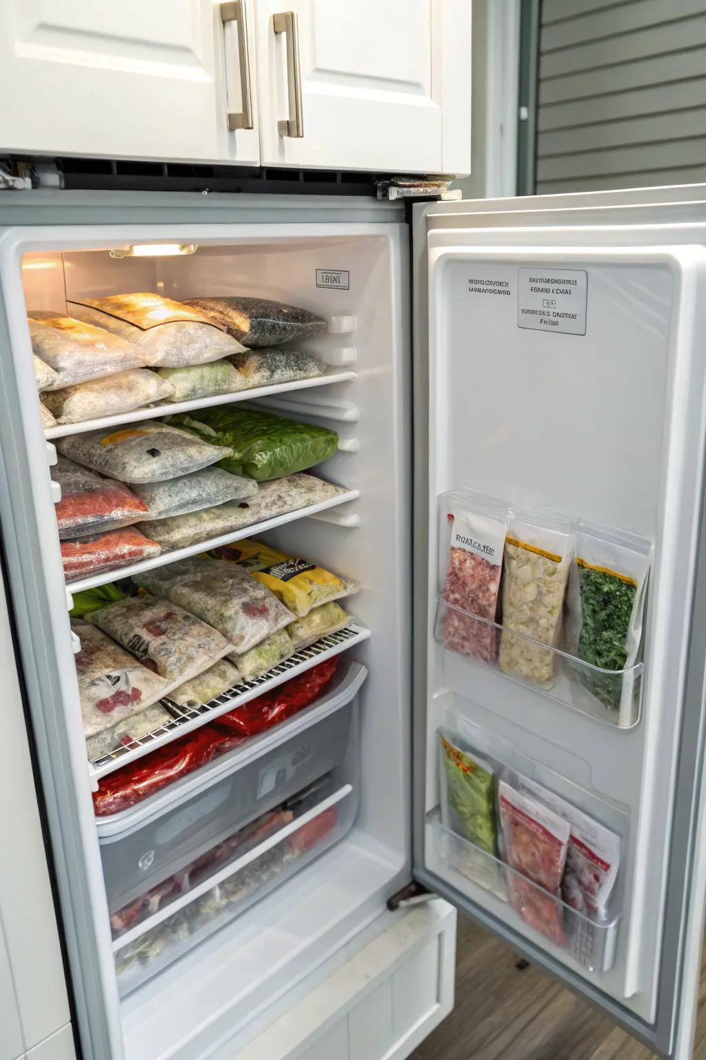 Vacuum-sealed bags save space and keep food fresh.