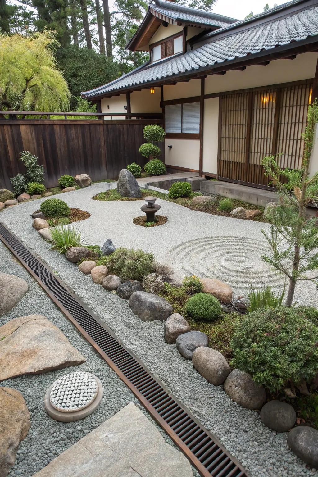 A serene Japanese stone garden with a drainage system, perfect for meditation and drainage.