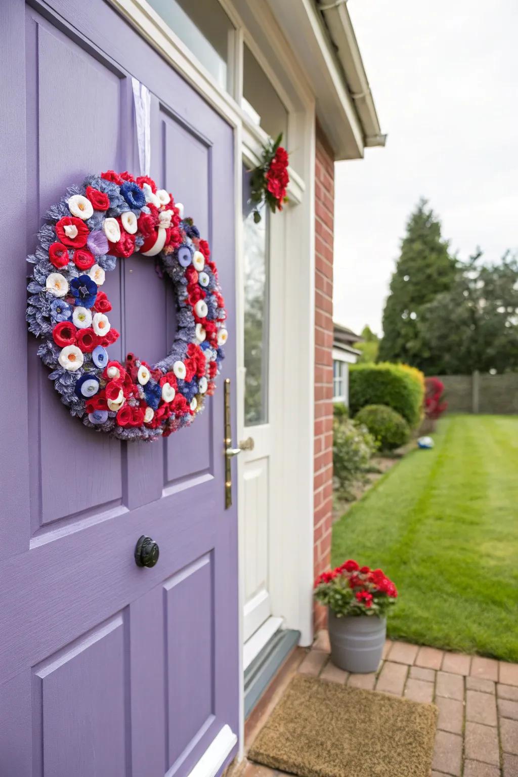A delightful wreath crafted with colorful buttons.