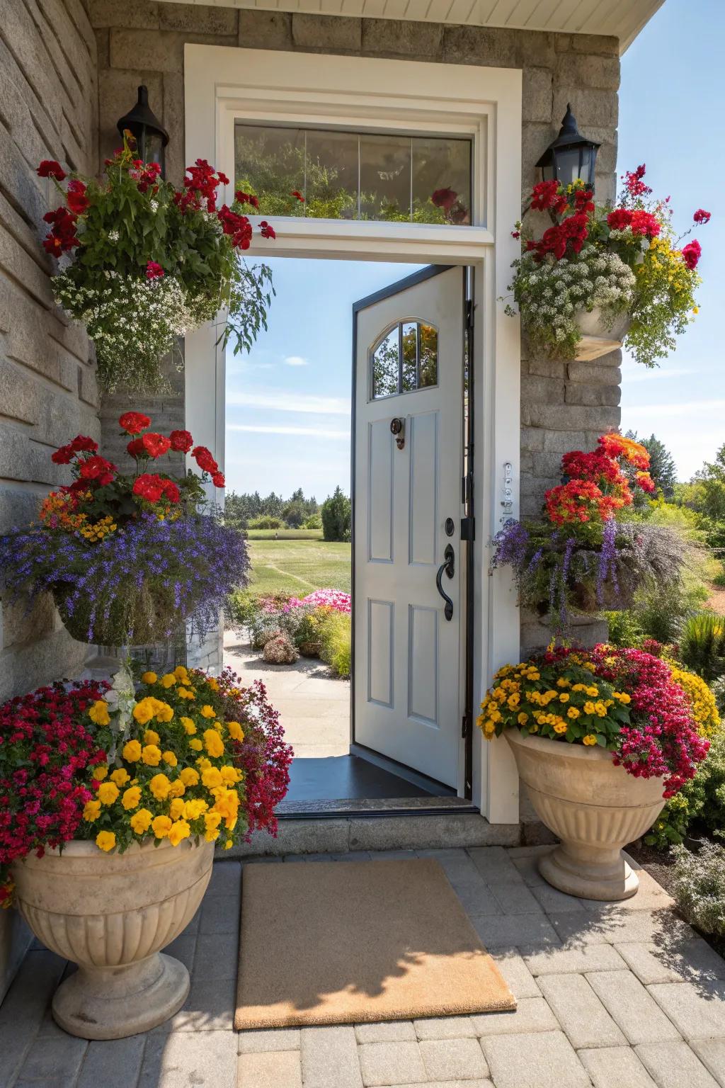 Seasonal flowers bring energy and vibrancy to the entryway.