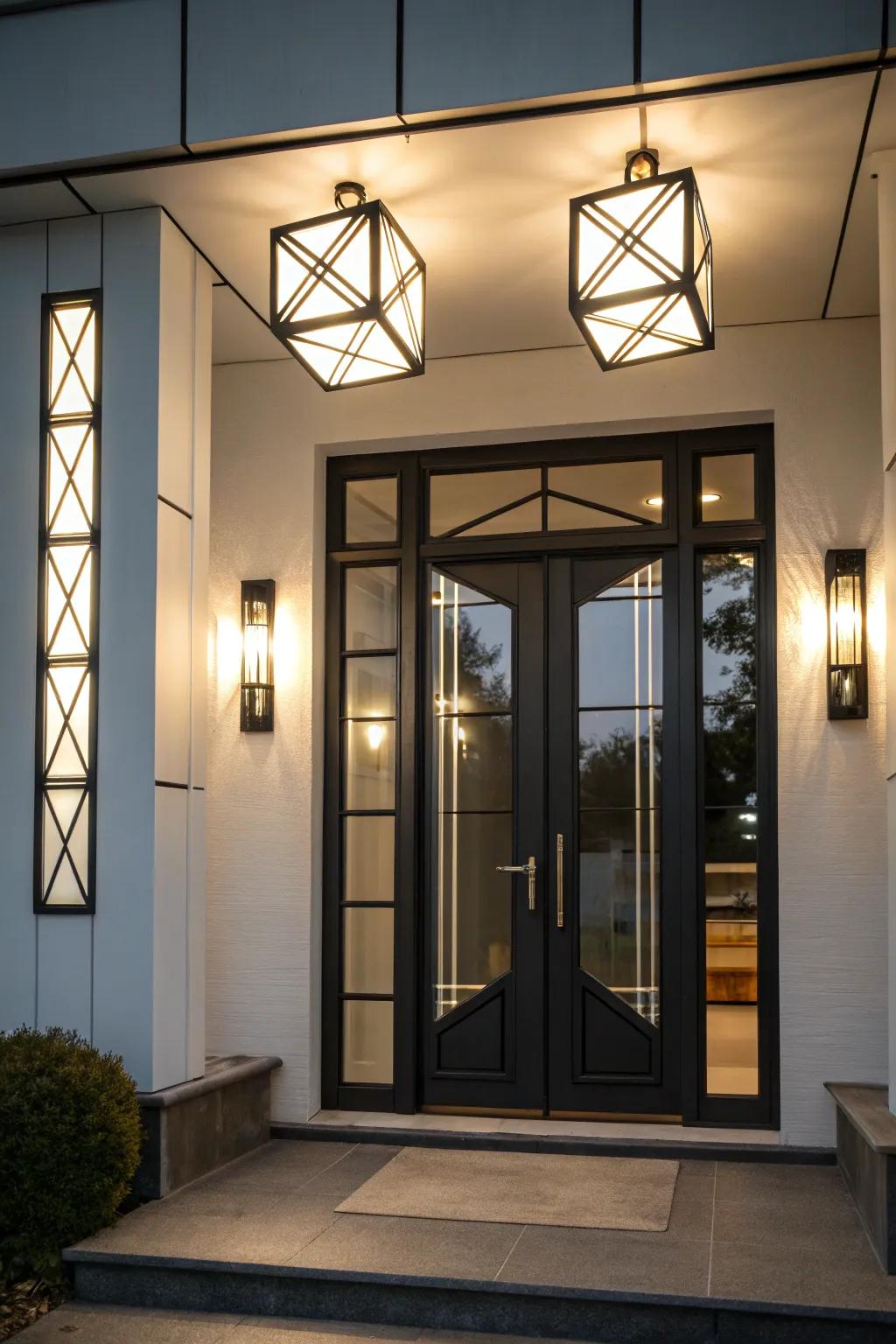 Geometric lights offer a modern touch.