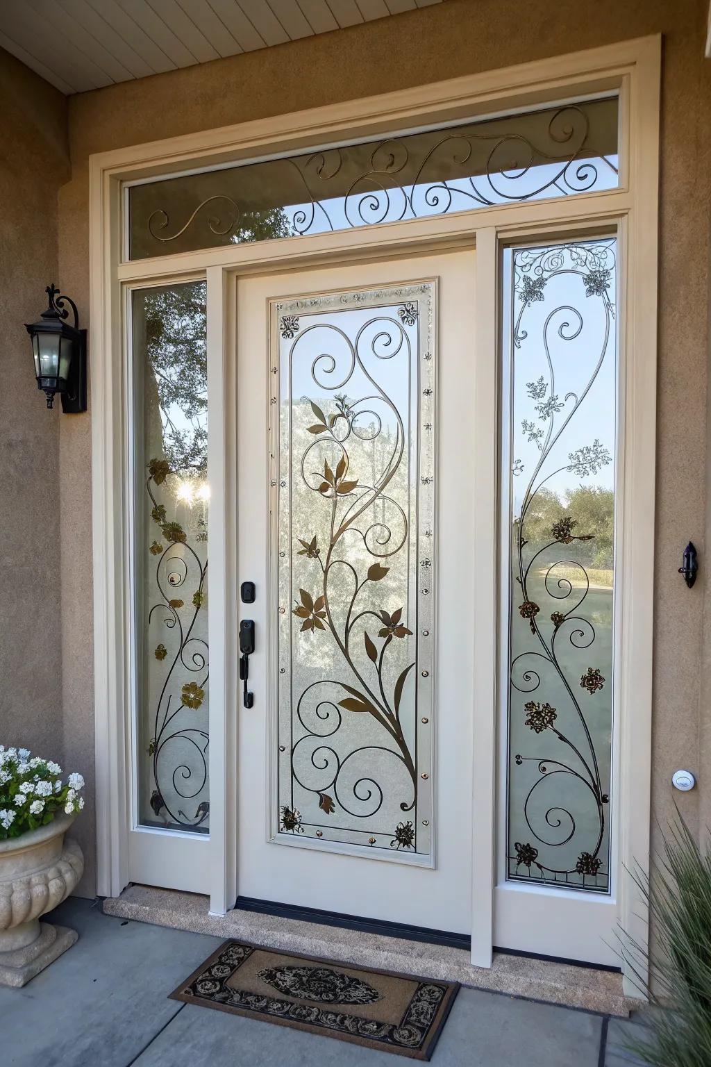 A door featuring custom glass paint for a personal privacy solution.