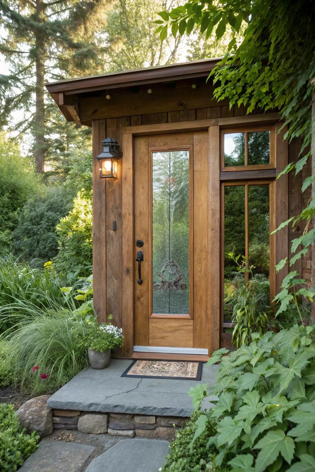 A sustainable entrance featuring upcycled wood and recycled glass.