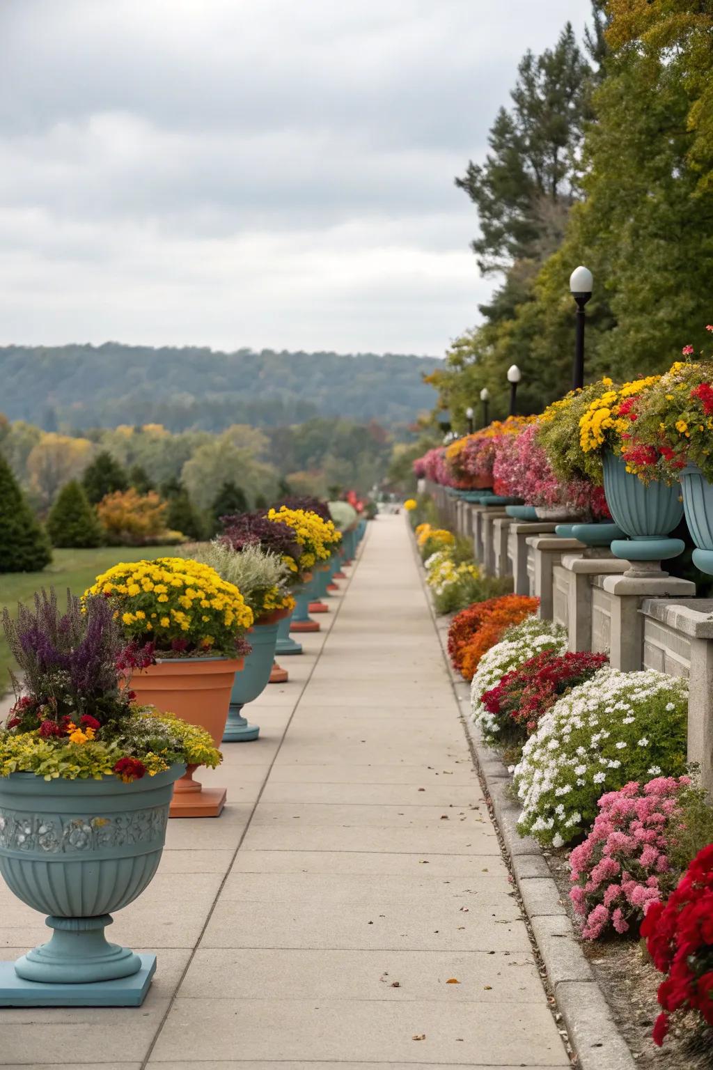 Pots with seasonal blooms contribute charm and vibrancy.