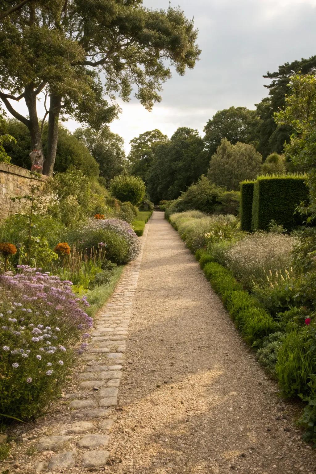 A charming crushed stone walkway blending seamlessly into the natural landscape.