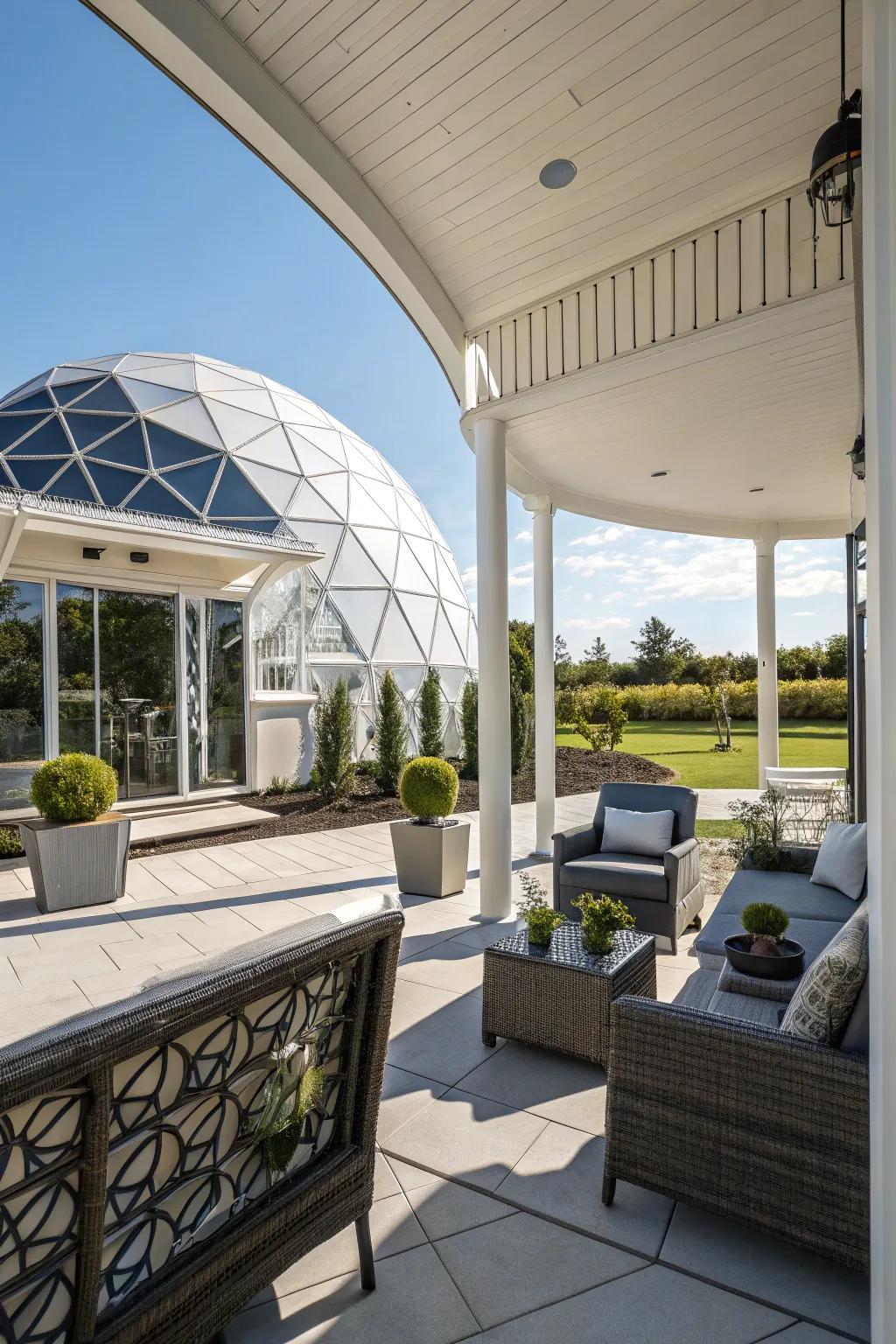 Geodesic dome awnings offer a futuristic design.