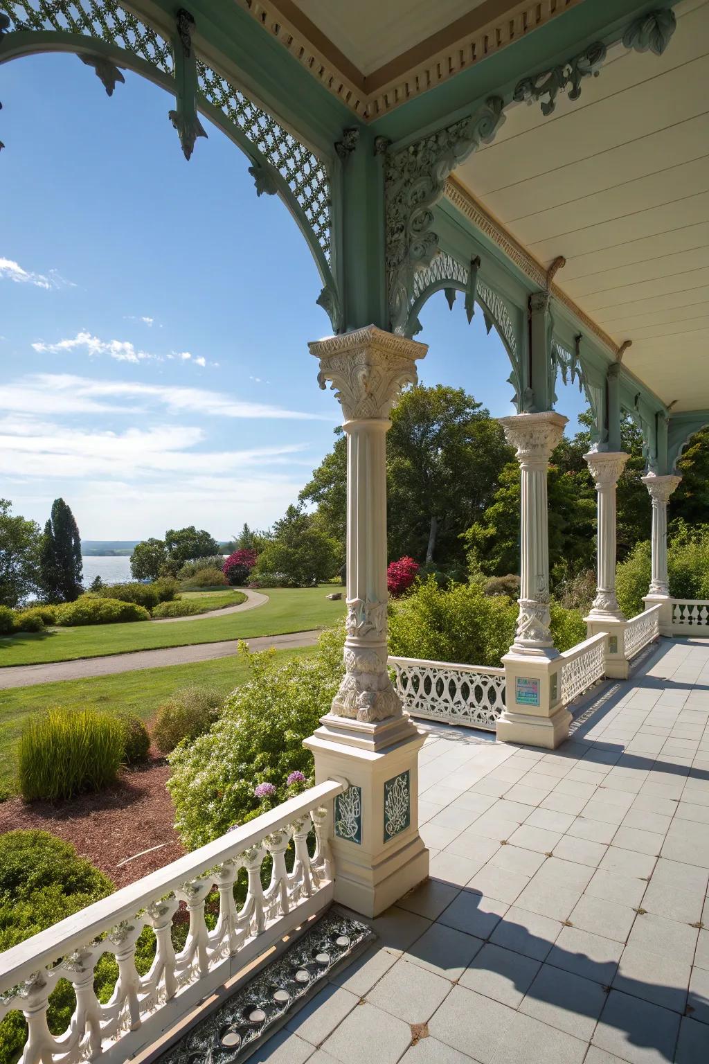 The porch's design is given artistic flair with unique column shapes.