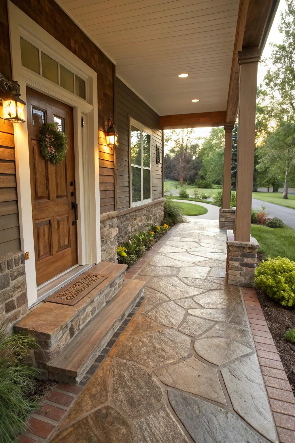 Stamped concrete allows for imaginative design options for porch floors.