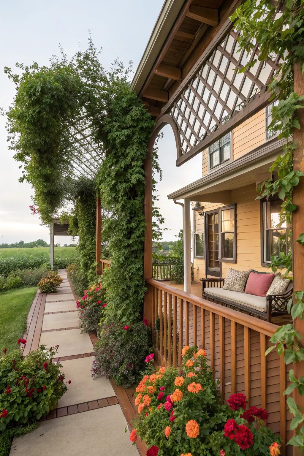 Trellises with climbing plants add height and drama to this front porch.