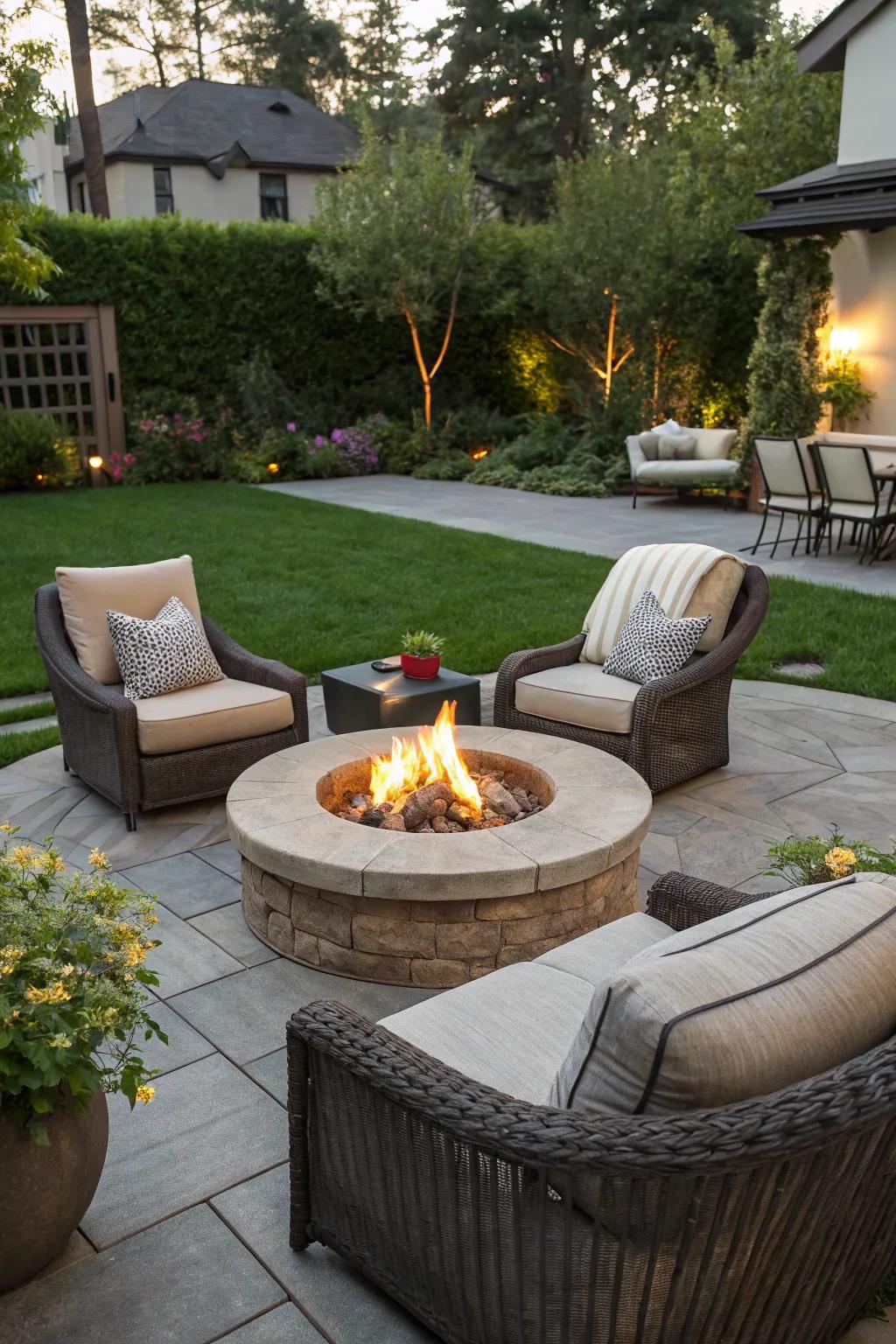 A fire pit makes a cozy gathering spot in the courtyard.