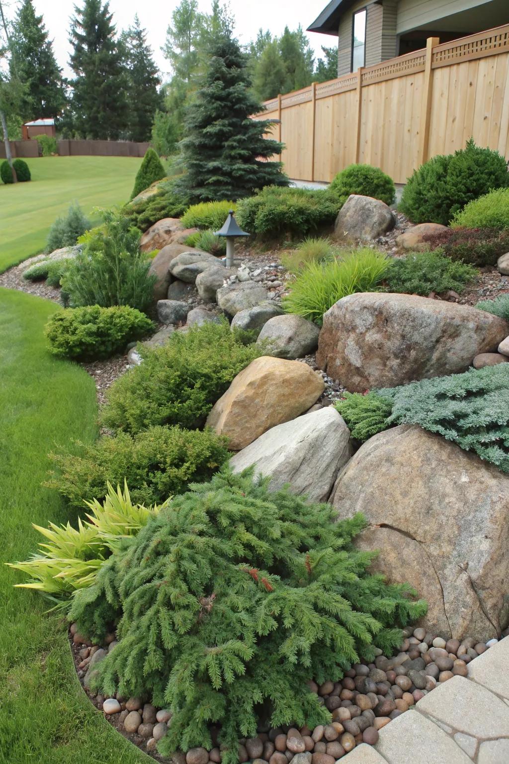 A stone display with evergreens adds depth and visual appeal.