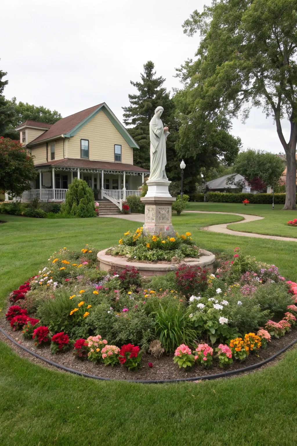 Circular beds with centerpieces can be a standout garden element.