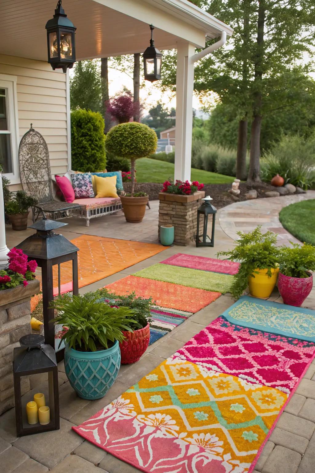On your patio, use colorful carpets to define spaces.