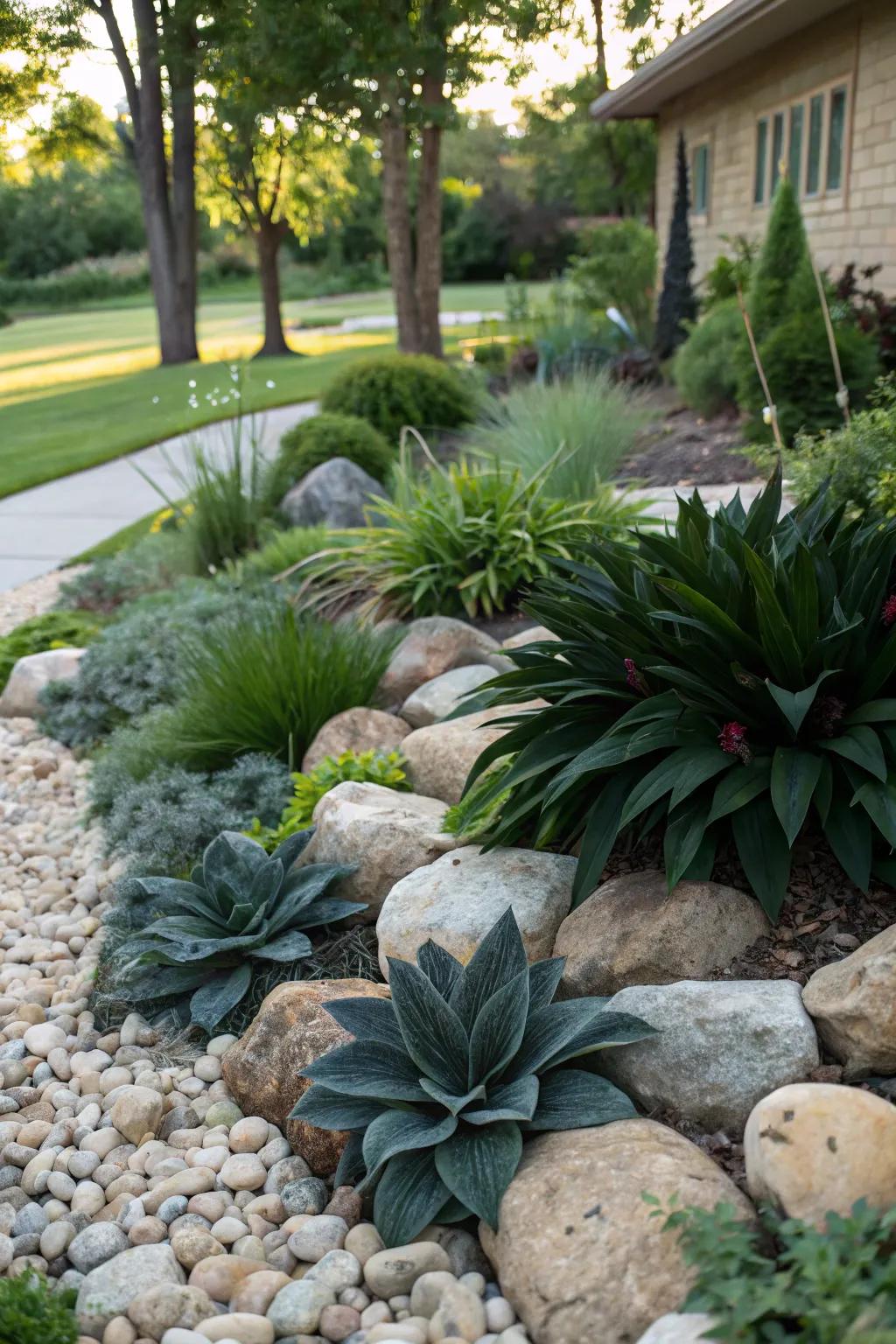 Deep green plants contrasting with stones in a visually striking garden design.
