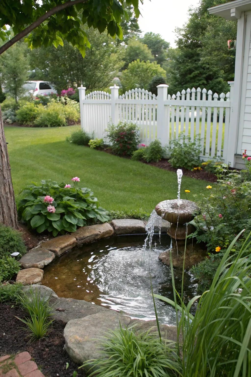 A water feature enhances tranquility and charm.
