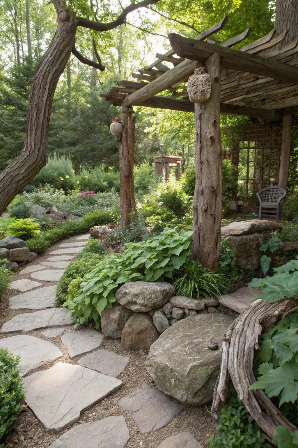 Natural materials enhance the garden's rustic charm.