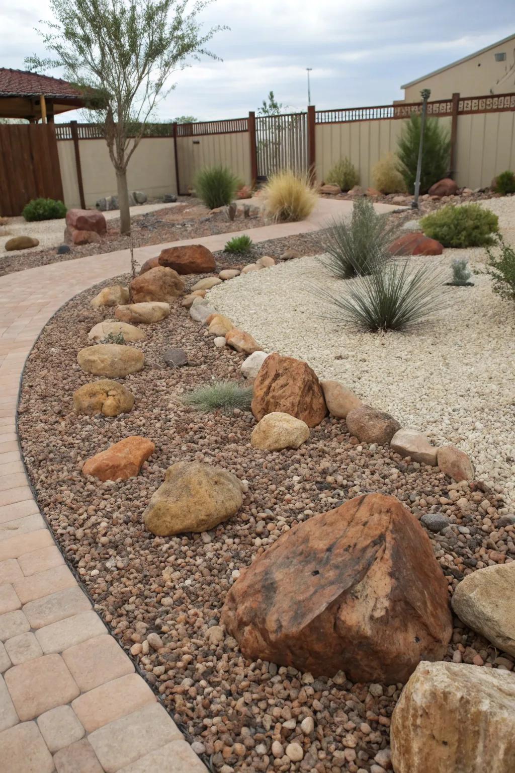 Stone ground cover with accent rocks offering texture and moisture retention.
