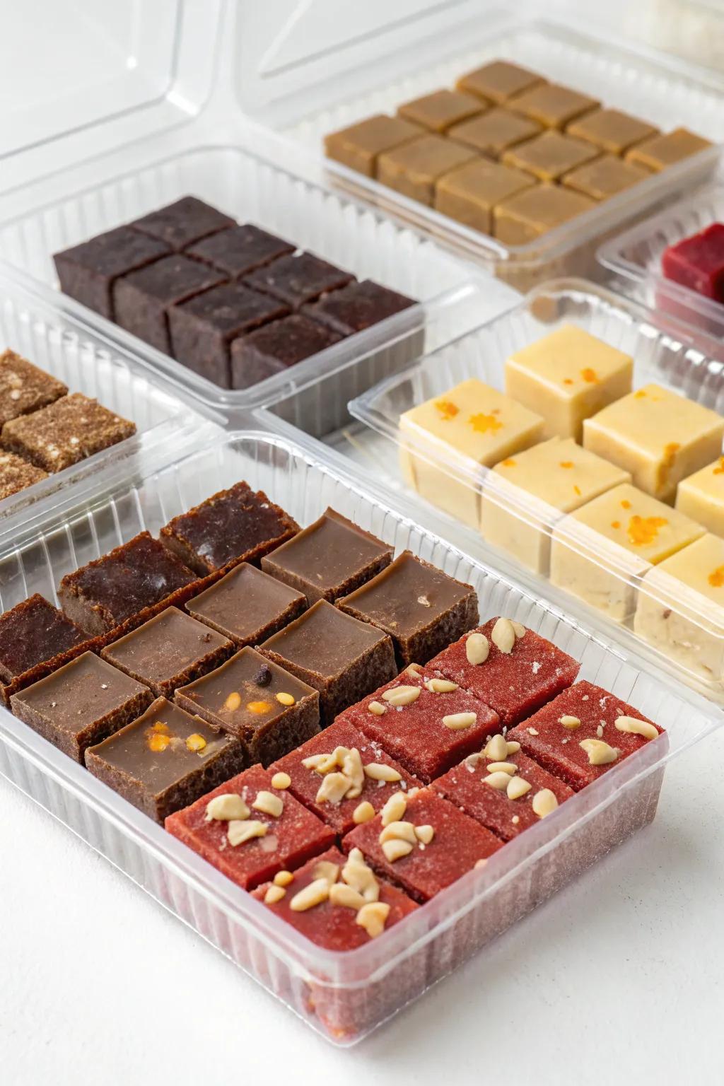 Modern sweet squares display in transparent plastic containers.