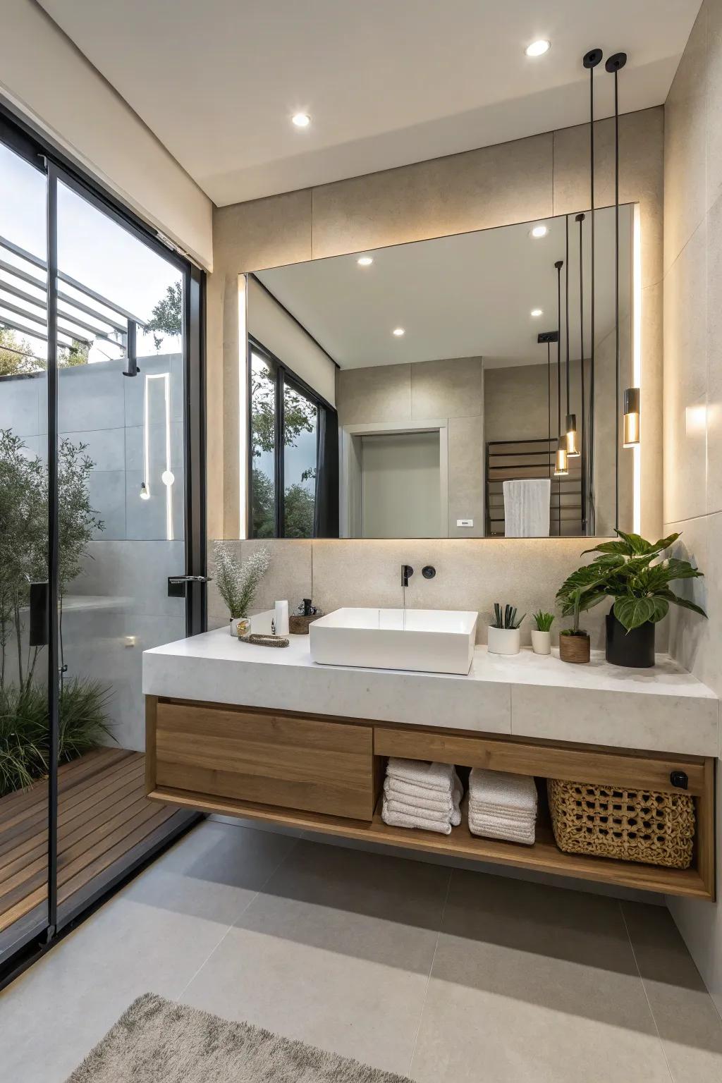 A hanging vanity adds modern flair and makes the space feel open.