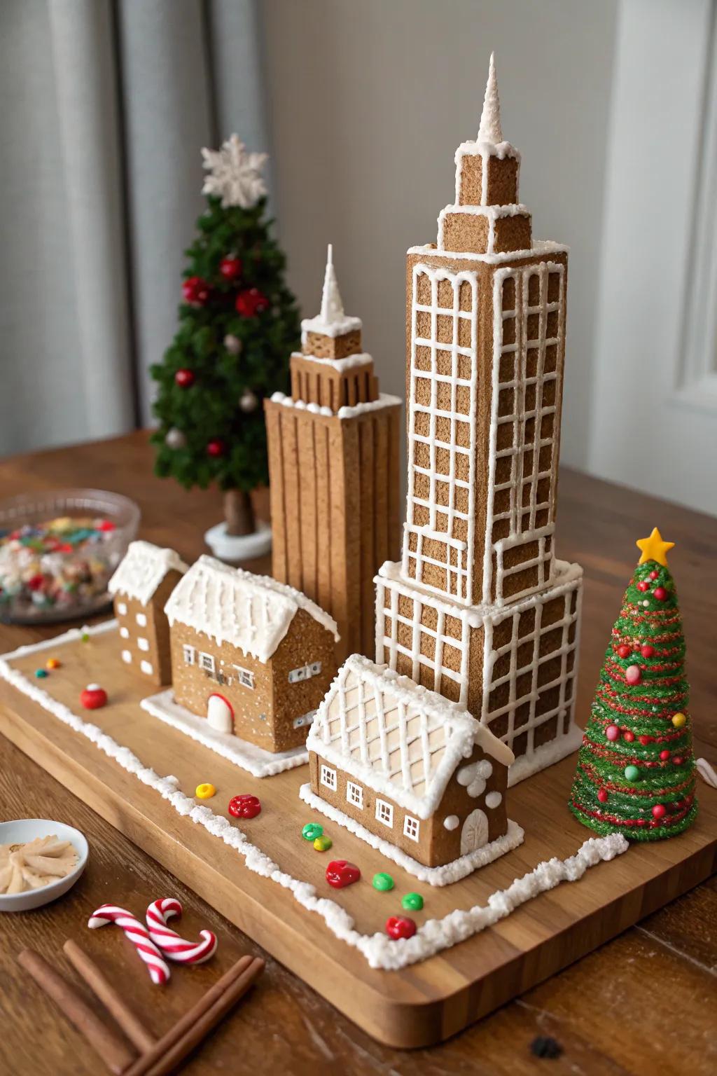 A miniature urban gingerbread structure