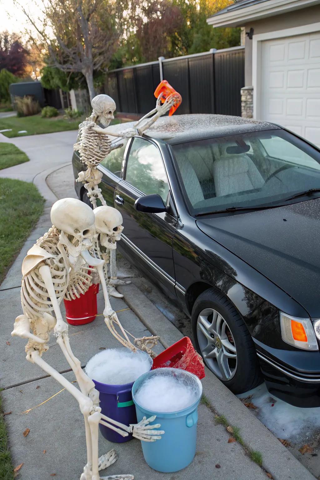 Skeletons giving the car a spooky scrub.