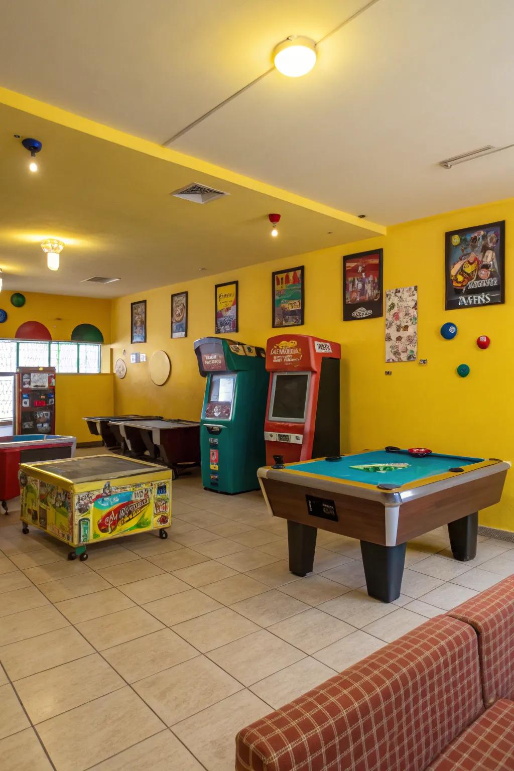 Bright yellow walls add a cheerful and invigorating vibe.
