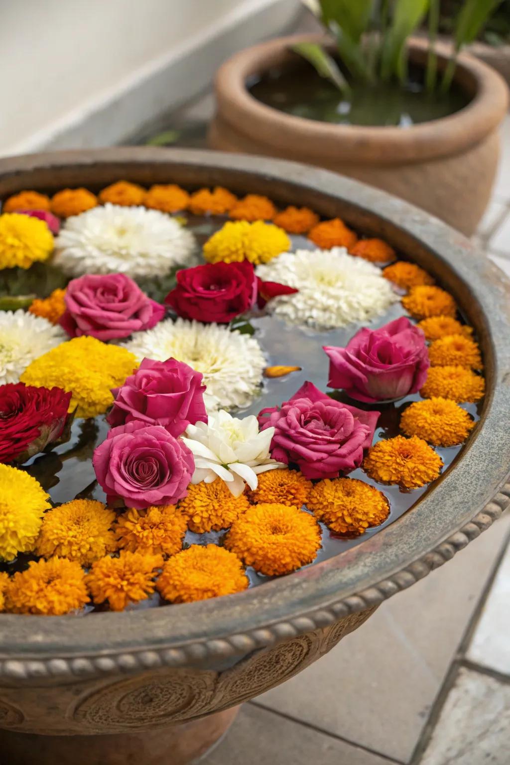A tranquil centerpiece of drifting blooms in a decorative bowl for the festival.