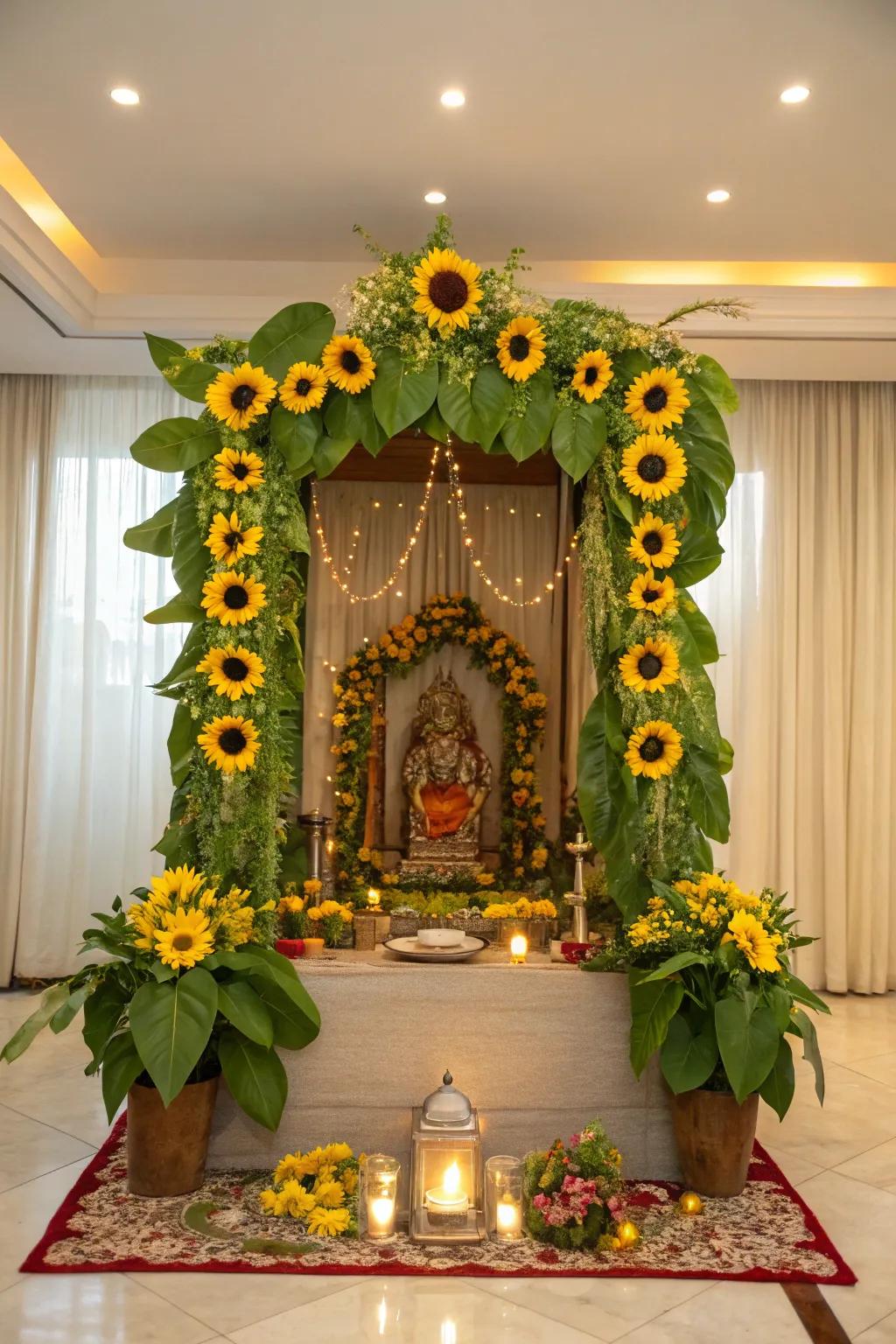 Heliopsis delivering a cheerful vibe to the Ganpati arrangement.