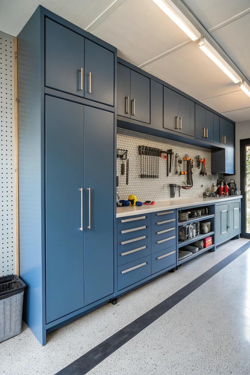 Cyan cabinets provide a cool, calming vibe.