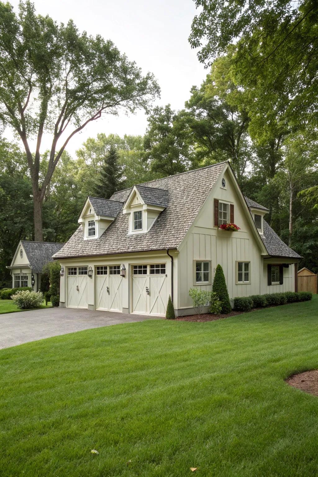 Dormers enhance unattached garages, creating independent visual statements.