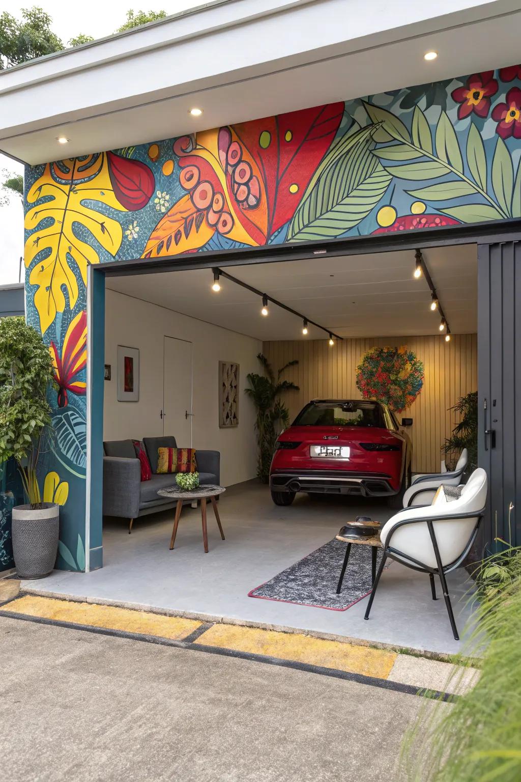 A wall mural adds artistic flair to the garage interior.
