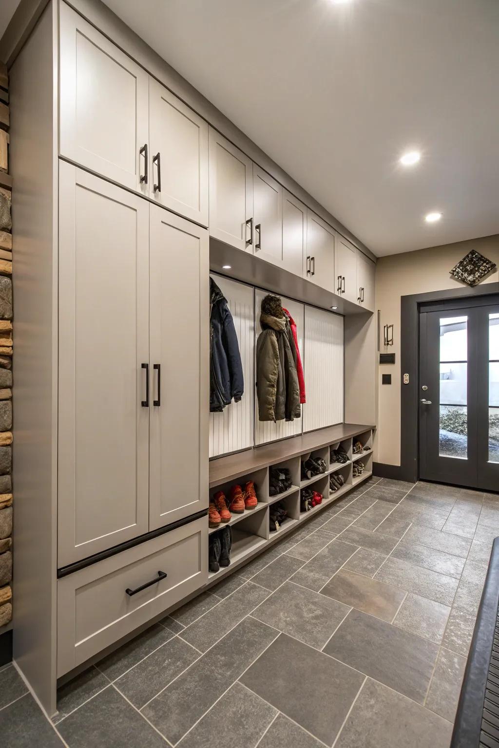 Concealed storage units keep the mudroom uncluttered and sleek.