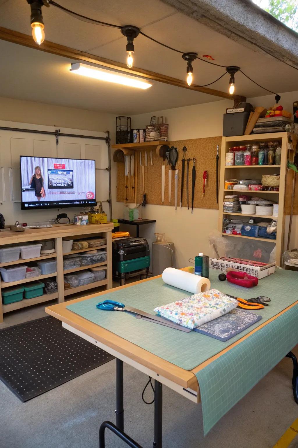 Find inspiration in your crafting nook with a TV setup in your garage.